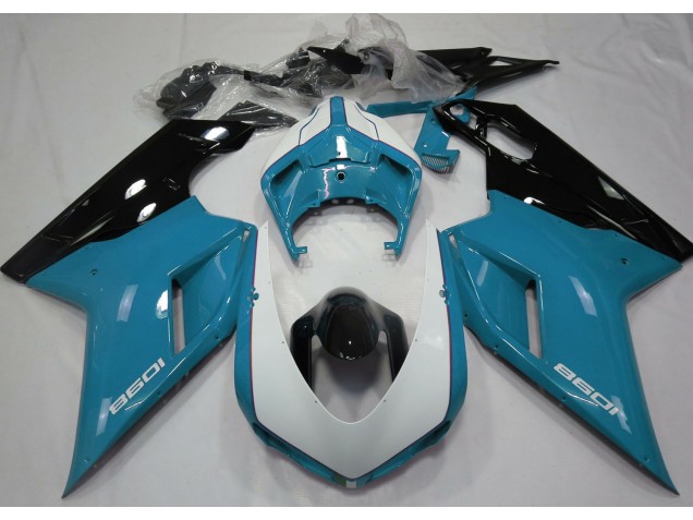 Azul Claro Brillante & Blanco 07-14 Ducati 848 1098 1198 Carenado Moto Azul Claro Brillante & Blanco 07-14 Ducati 848 1098 1198 Carenado Moto