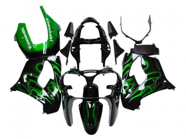 Carenados Moto Kawasaki ZX9R 2000-2001 - Negro Brillante Verde Llama Blanco